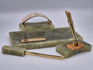 Vintage Onyx & Messing Schreibtischset – Mehrteilige