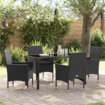 vidaXL Tuin eettafelset met kussen 5 pcs Zwart poly rattan, Verzenden, Nieuw, Rotan, 5 zitplaatsen