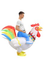 KIMU® Opblaas Kostuum Zittend op Kip Wit Regenboog Opblaasba, Carnaval, Nieuw, Overige maten, Ophalen of Verzenden