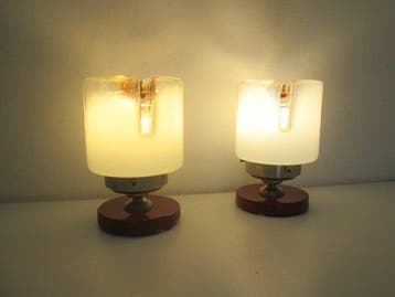 Tafellamp - Metaal, Glas, Hout - Een paar lampen uit de