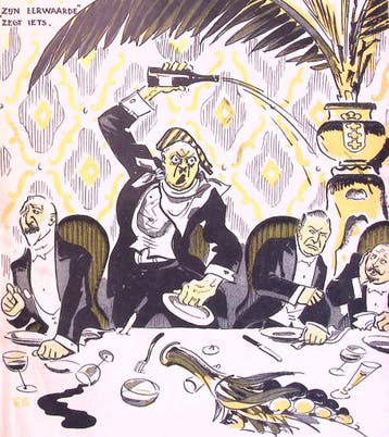 Spotprent met man die diner verstoort (lijst optie, Lithos), Verzenden