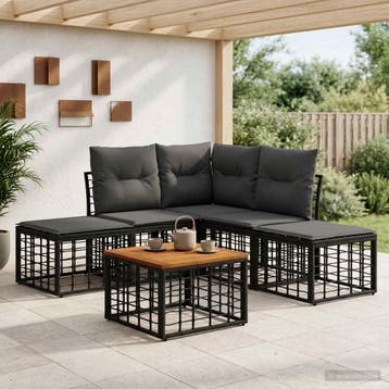 vidaXL Buiten bankenset 6 pcs Zwart en Donkergrijs Polyester, Verzenden, Nieuw, Rotan, 6 zitplaatsen