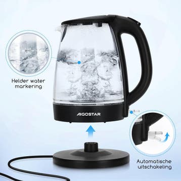 Waterkoker glas - met LED - 1.7L - 2200W - Zwart •, Verzenden, Zo goed als nieuw