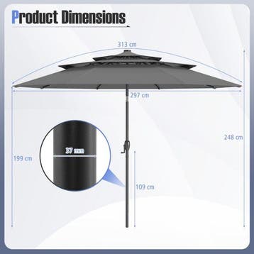 2dekans | Coast 3-Laags Terrasparasol Ø313 cm - Solar LED -, Ophalen of Verzenden, Zo goed als nieuw