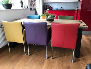 Set van 6 leren kuip eetkamerstoelen met wieltjes -, Huis en Inrichting, Stoelen, Ophalen of Verzenden, Nieuw, Leer
