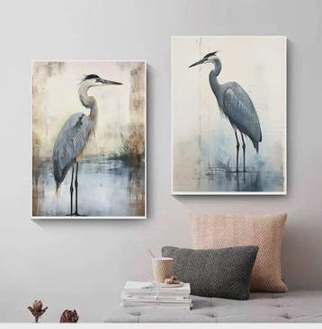 Minimalistische Blauwe Reiger Aquarel Poster - Stijlvolle Wa