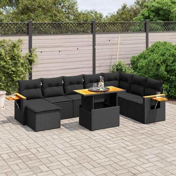 vidaXL 9-delige Loungeset met kussens poly rattan zwart, Verzenden, Nieuw, Loungeset