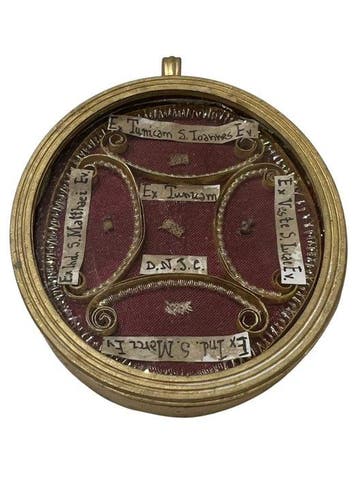 Reliekhouder - Brons, Gouden cartouche, Glas, Textiel - 20e