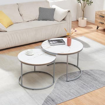 [en.casa] Salontafel Skagen set van 2 rond marmer wit en zil, Verzenden, Nieuw