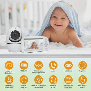 Babyfoon met 5000 mAh accu, HD Video, 360° Zicht & Temperatu, Kinderen en Baby's, Babyfoons, Verzenden, Nieuw