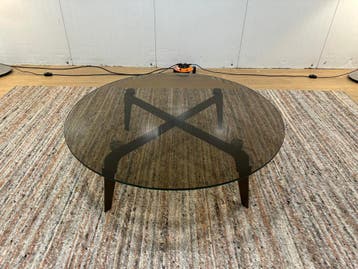 Minotti Kirk Cross Salontafel Glas | NP: €4.500, 100 tot 150 cm, Rond, Zo goed als nieuw, Glas