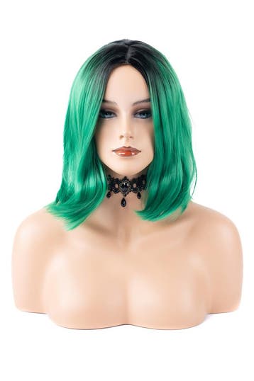 KIMU® Luxe Groen Zwarte Pruik Curtain Bangs Pony Schouderlen, Ophalen of Verzenden, Nieuw, Carnaval