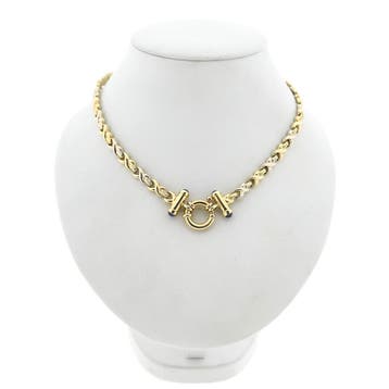 Bicolor gouden fantasieschakel collier met saffier | 44 cm, Gebruikt, Ophalen of Verzenden, Met edelsteen, Goud