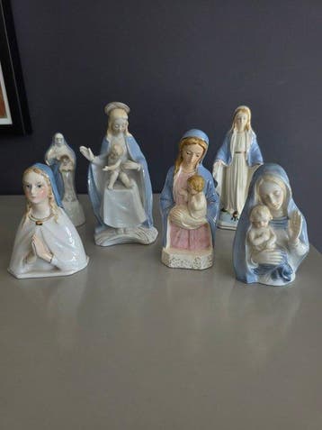 Beeld, Collectie van 6 porseleinen Maria beeldjes - 16.5 cm, Antiek en Kunst