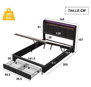 Hydraulisch Opbergbed 140x200 cm met LED Hoofdbord en USB, Huis en Inrichting, Slaapkamer | Bedden, Verzenden, Nieuw