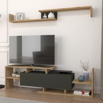 Tv-meubelset Liksefte met wandrek saffier eiken en zwart 154, Huis en Inrichting, Kasten | Dressoirs, Verzenden, Nieuw