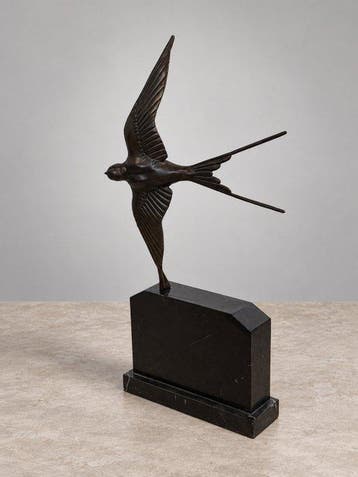 sculptuur, Art Deco zwaluw in vlucht - 48 cm - Brons, Marmer