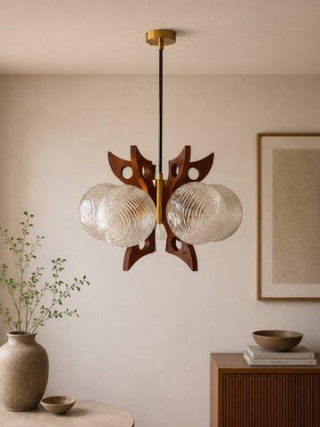 space age solid wood glass lamp with brass - Plafondlamp -