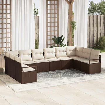 vidaXL Bankstel met kussen 10 pcs Bruin poly rattan, Verzenden, Nieuw, Rotan, Meer dan 8 zitplaatsen