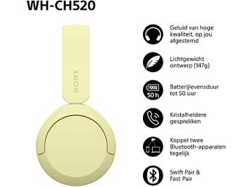 Sony -  Wh-ch520 On-ear Draadloze Hoofdtelefoon  - Geel, Verzenden, Nieuw, Sony
