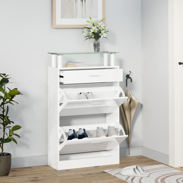 vidaXL Schoenenkast 63x24x104 cm bewerkt hout hoogglans wit, Huis en Inrichting, Kasten | Schoenenrekken, Nieuw, Verzenden