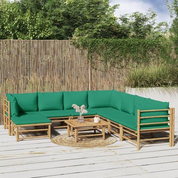 vidaXL 9-delige Loungeset met kussens bamboe groen, Verzenden, Nieuw, Hout, Loungeset