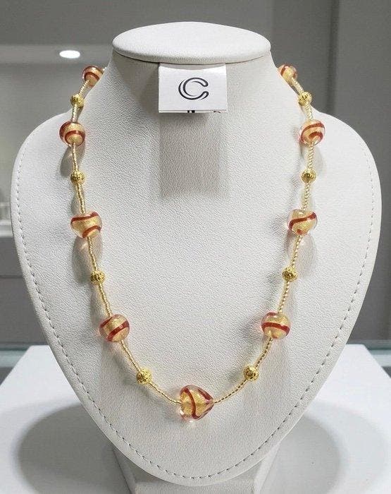 24 karaat - Geel goud, Murano - Halsketting, Antiek en Kunst, Antiek | Glas en Kristal
