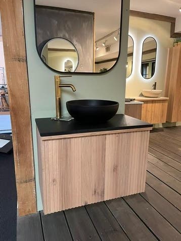 Naturel eiken badkamermeubel 80 cm met zwarte opzetkom, Nieuw, Minder dan 100 cm, Wastafelkast, 25 tot 50 cm