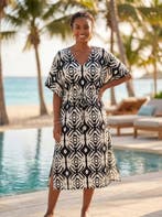 Boho rayon kaftan jurk met tailleband - Zwart Crème Nomad Ec, Ophalen of Verzenden, Nieuw