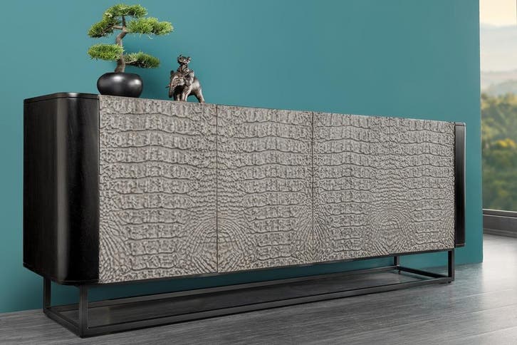 Handgemaakt dressoir CROCO 180 cm grijs zwart mangohout met, Huis en Inrichting, Kasten | Dressoirs, Ophalen of Verzenden