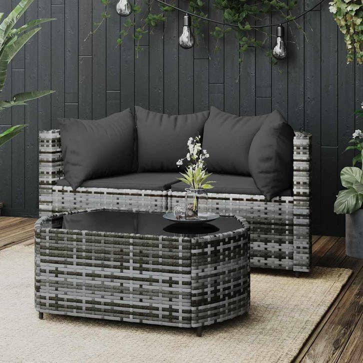 vidaXL 3-delige Loungeset met kussens poly rattan grijs, Tuin en Terras, Tuinsets en Loungesets, Loungeset, Nieuw, Verzenden