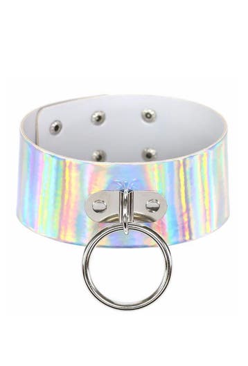 KIMU® Choker Breed Zilver Ring Holografisch Iridescent Colla, Kunststof, Verstelbaar, Nieuw, Ophalen of Verzenden