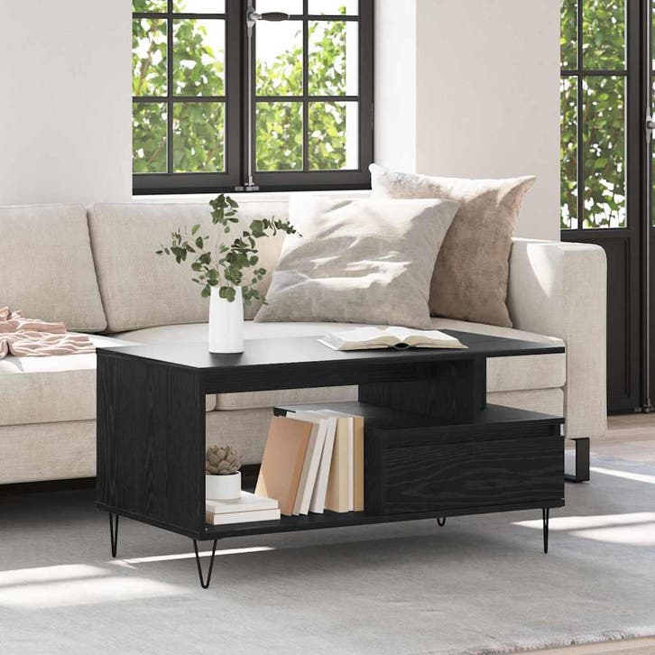 vidaXL Salontafel met lade Zwart Eiken 90 x 49 x 45 cm, Huis en Inrichting, Tafels | Salontafels, Nieuw, Minder dan 50 cm, Overige houtsoorten