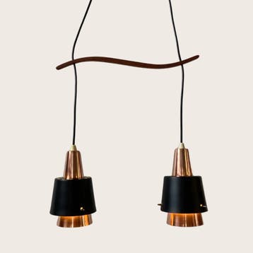 Deense Dubbele Hanglamp in Teakhout en Messing – Bent Karlby, Ophalen of Verzenden, Gebruikt