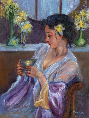 Mario Ros (XX) - Ensoñación con copa y flores, Antiek en Kunst