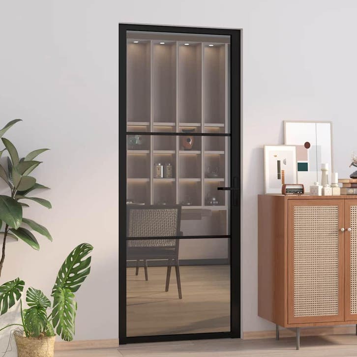 vidaXL Binnendeur 83x201,5 cm ESG-glas en aluminium zwart, Doe-het-zelf en Verbouw, Deuren en Horren, Nieuw, Verzenden