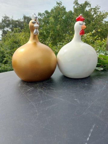 Beeld, set of 2 balloon chickens - 23 cm - polyresin