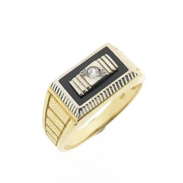 Bicolor gouden ring met onyx en zirconia, Gebruikt, 20 of groter, Heer, Ophalen of Verzenden