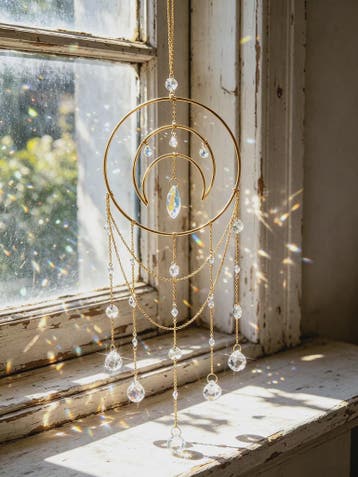 Gouden Maan Kristal Suncatcher - Regenboog Prisma Hanger voo, Huis en Inrichting, Verzenden, Nieuw