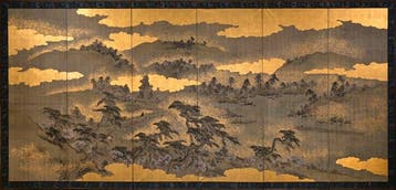 Een zesdelig Japans vouwscherm bybu () met de