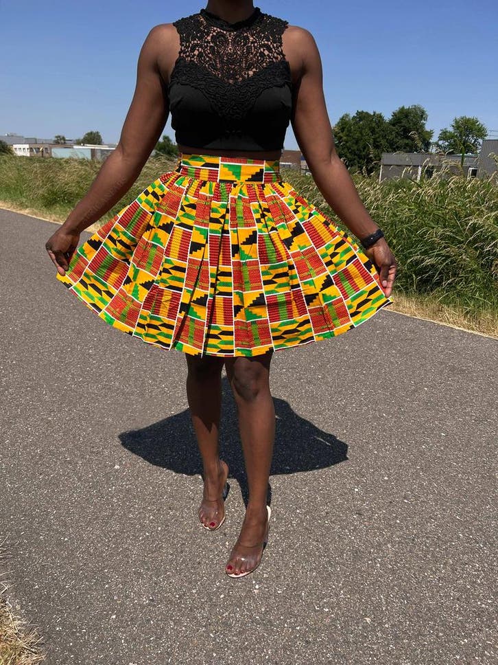 Afrikaanse print mini rok - Kente oranje/groen - S, Kleding | Dames, Rokken, Nieuw, Ophalen of Verzenden