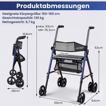 2dekans | Coast Rollator Blauw/Zwart – Opvouwbare Rollator, Diversen, Ophalen of Verzenden, Zo goed als nieuw