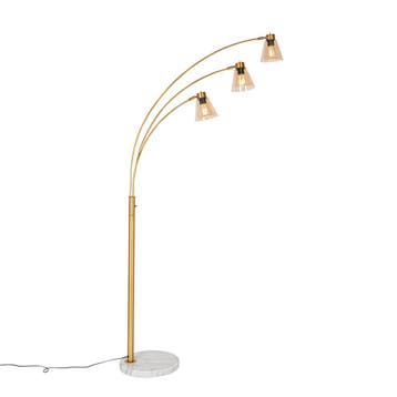 Booglamp brons met marmer en amber glas 3-lichts - Nina, Verzenden, Nieuw, Glas, Art Deco