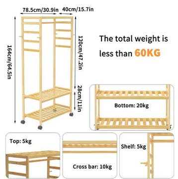 Rollend Bamboe Kledingrek – Open Kast met Stang en 4 Haken, Huis en Inrichting, Woonaccessoires | Kapstokken, Verzenden, Nieuw