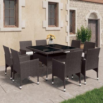 vidaXL 9-delige Tuinset poly rattan en glas bruin, Verzenden, Nieuw, 8 zitplaatsen, Tuinset