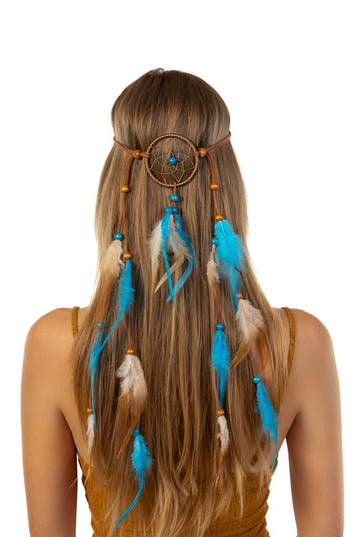 KIMU® Hoofdband Veren Blauw Bruin Ibiza Hippie Indiaan Haarb, Ophalen of Verzenden, Nieuw, Carnaval, Accessoires
