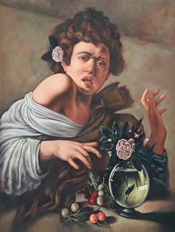 European school (XX), After Caravaggio - Joven mordido por, Antiek en Kunst