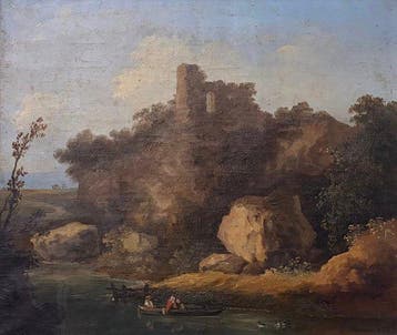 C. Marko (XIX) - Paesaggio romantico con rovine, fiume e, Antiek en Kunst