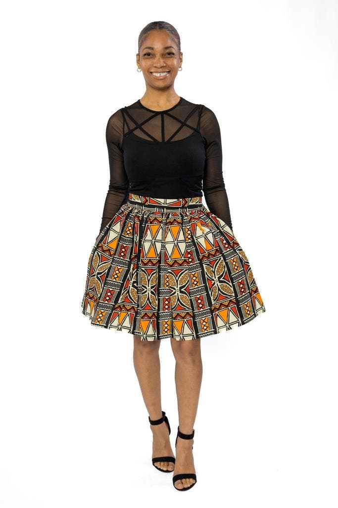 Afrikaanse print mini rok - Rood Oranje Bogolan Symbols - S, Kleding | Dames, Rokken, Nieuw, Ophalen of Verzenden