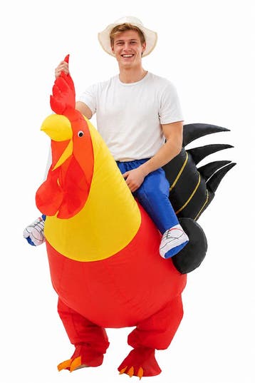 KIMU® Opblaas Kostuum Zittend op Haan Rood Geel Opblaasbaar, Kleding | Heren, Carnavalskleding en Feestkleding, Carnaval, Nieuw
